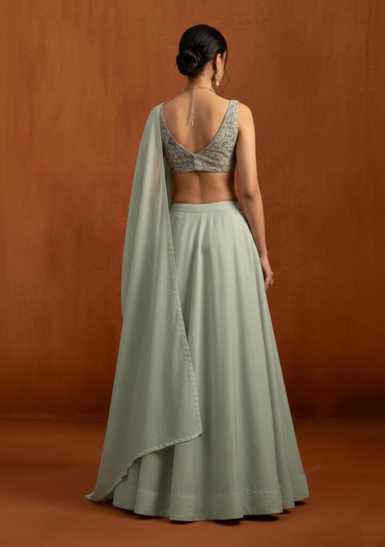 Sage Green Embroidered Silk Lehenga Set - Indya