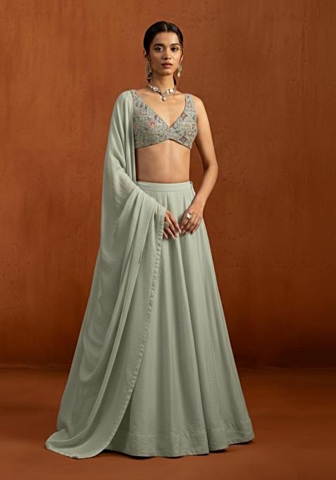 Sage Green Embroidered Silk Lehenga Set