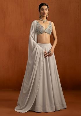 Grey Embroidered Silk Lehenga Set