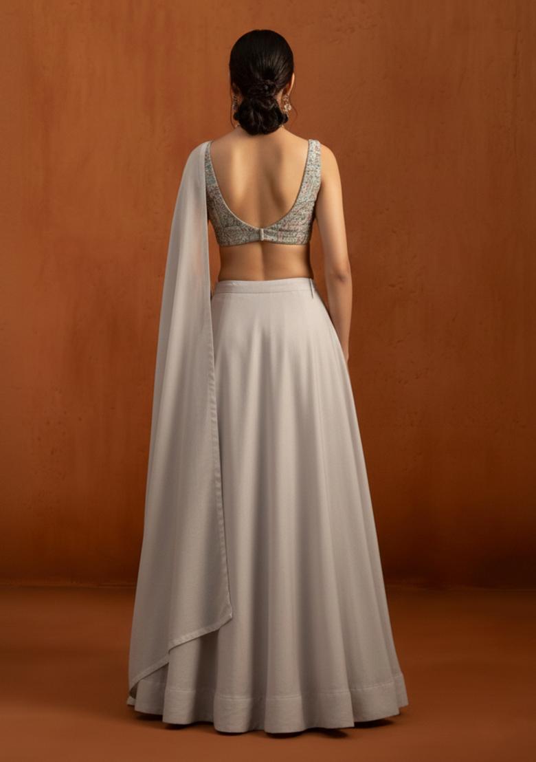 Grey Embroidered Silk Lehenga Set - Indya