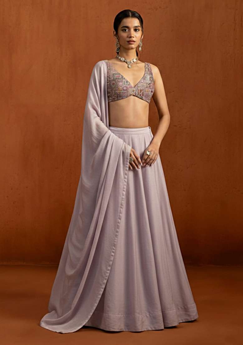 Lavender Embroidered Silk Blend Lehenga Set - Indya