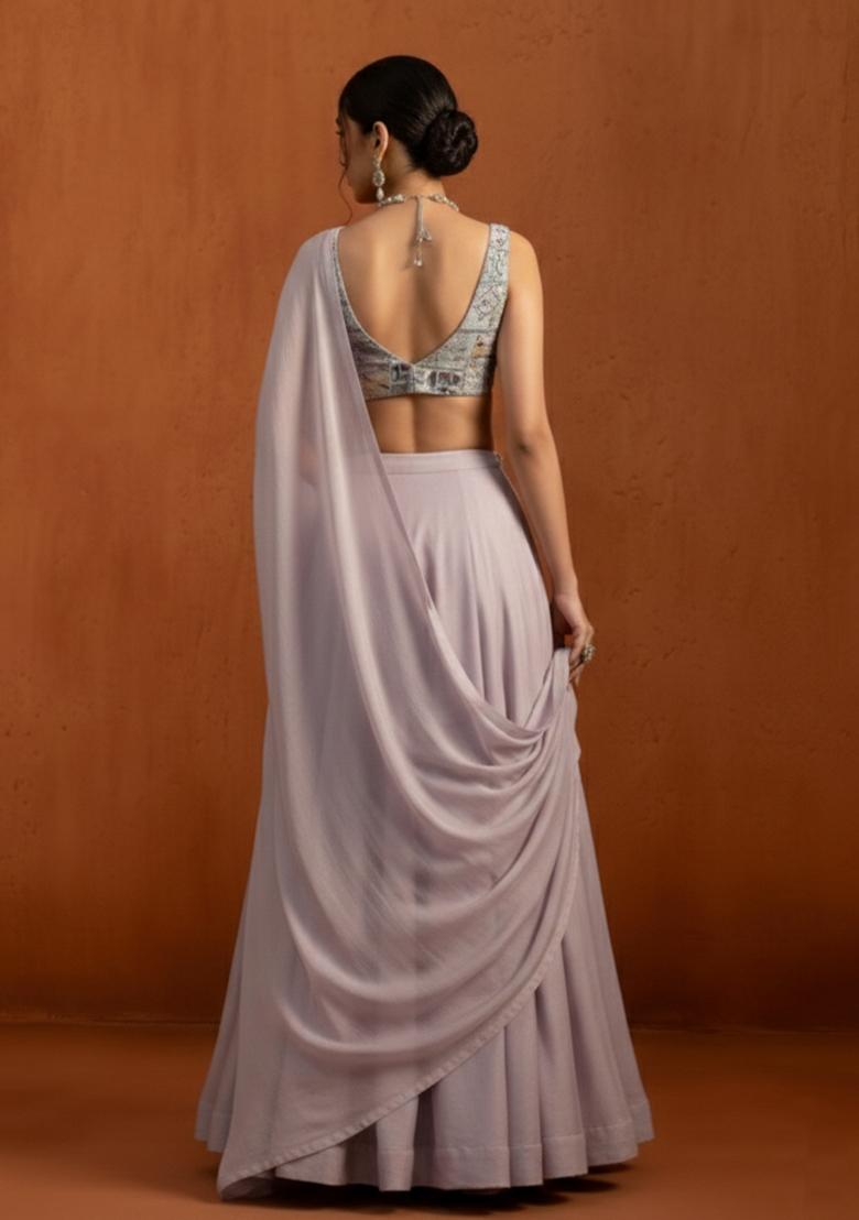 Lavender Embroidered Silk Lehenga Set - Indya
