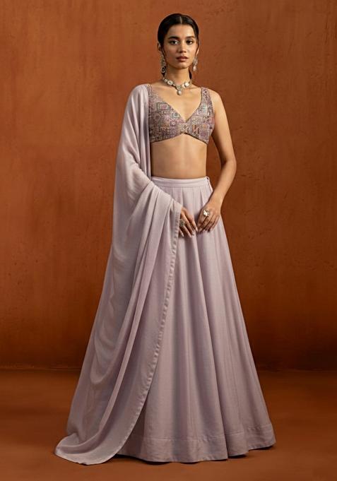 Lavender Embroidered Silk Lehenga Set