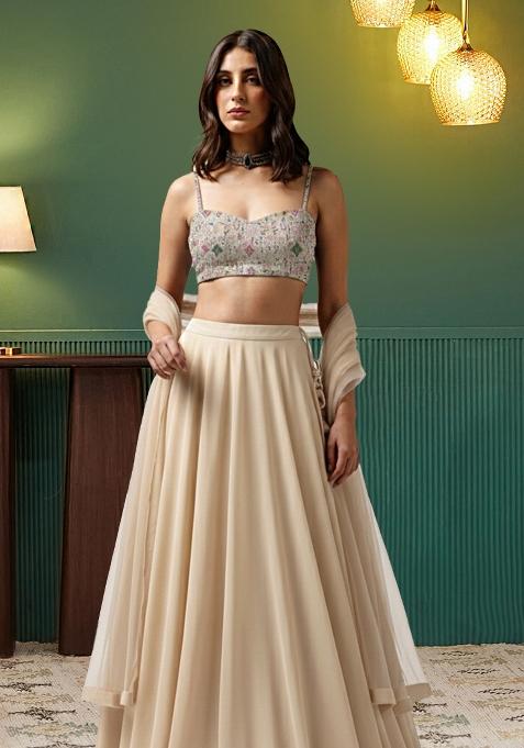 Cream Embroidered Silk Lehenga Set