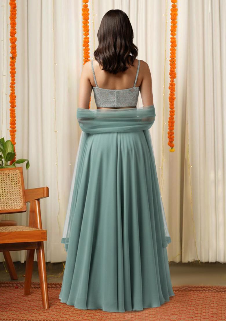 Mint Green Embroidered Silk Lehenga Set - Indya