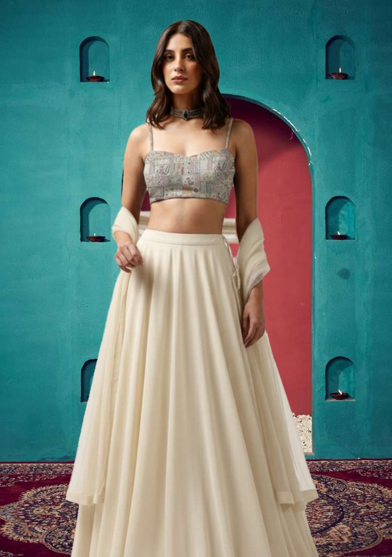 Off White Embroidered Silk Blend Lehenga Set - Indya