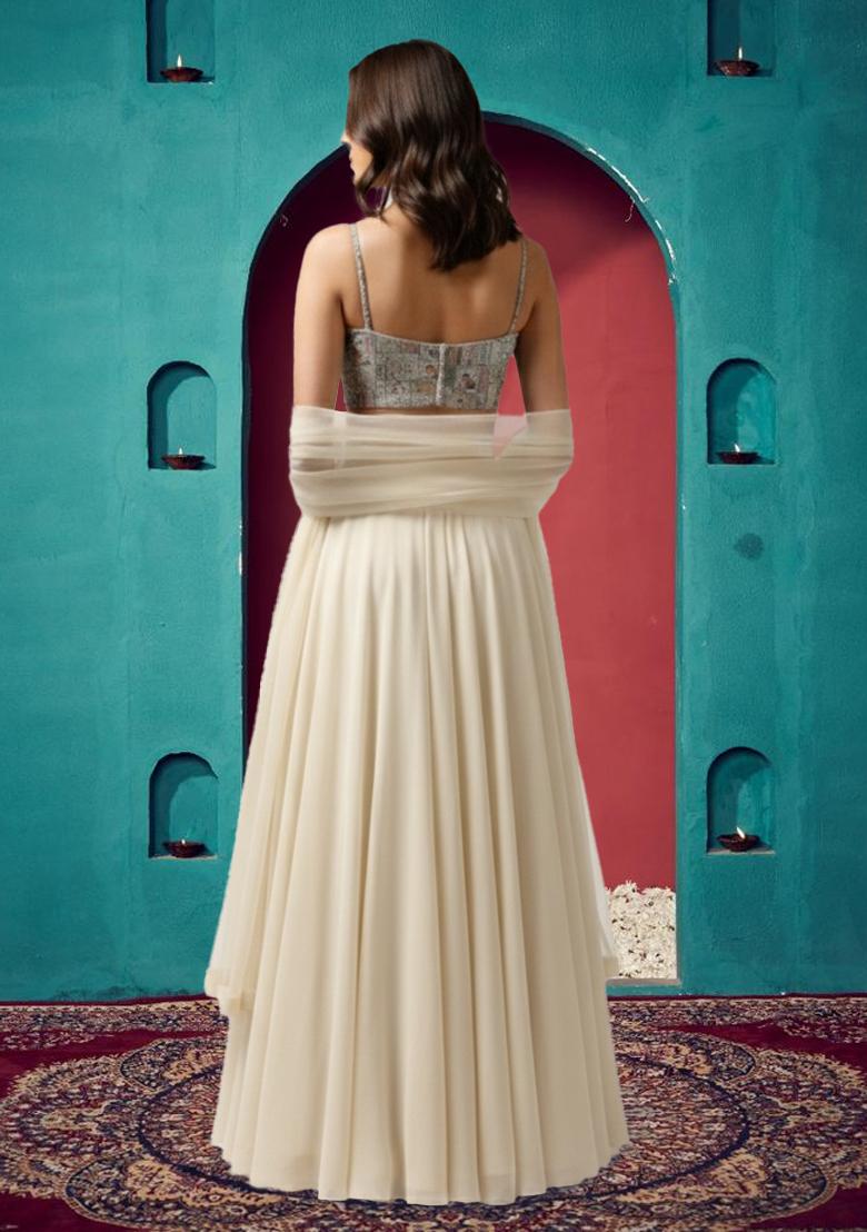 Off White Embroidered Silk Lehenga Set - Indya