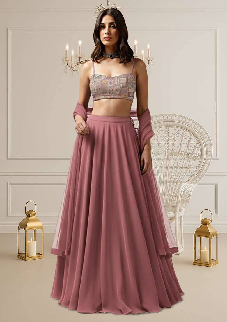 Mauve Embroidered Silk Blend Lehenga Set - Indya