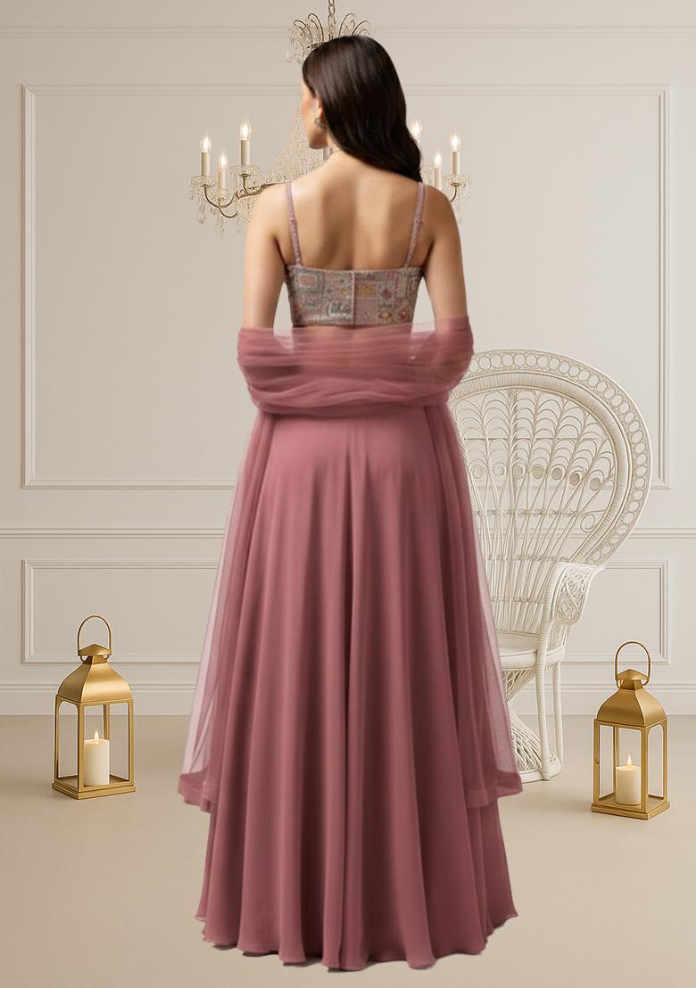 Mauve Embroidered Silk Lehenga Set - Indya