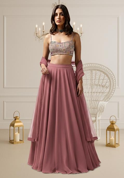 Mauve Embroidered Silk Lehenga Set