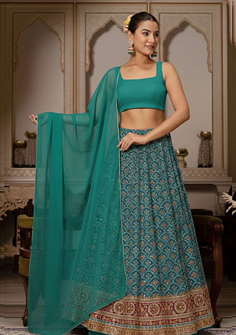 Teal Green Embroidered Crepe Lehenga Set - Indya