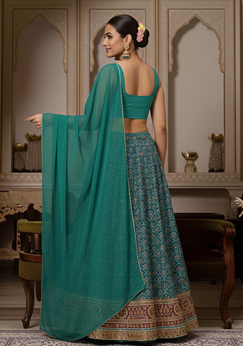 Teal Green Embroidered Crepe Lehenga Set - Indya