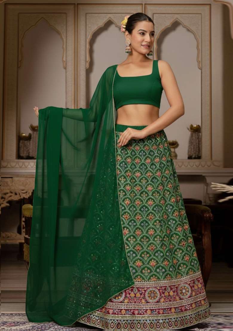 Forest Green Embroidered Crepe Lehenga Set - Indya
