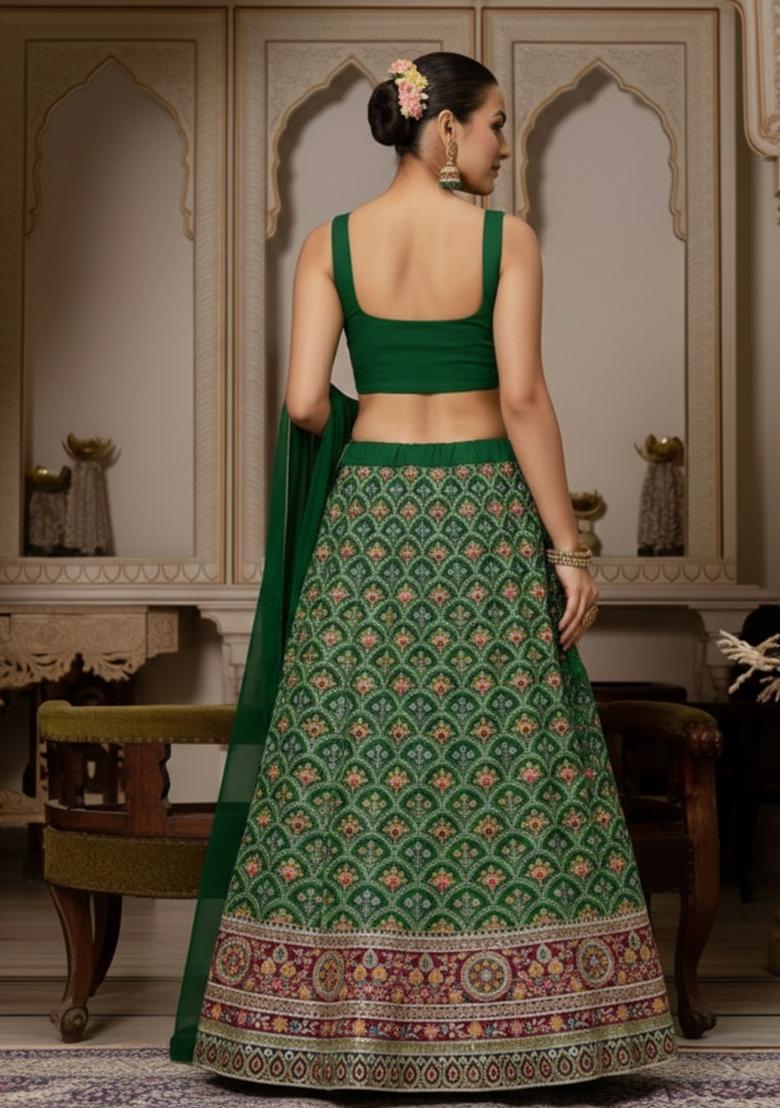 Forest Green Embroidered Crepe Lehenga Set - Indya