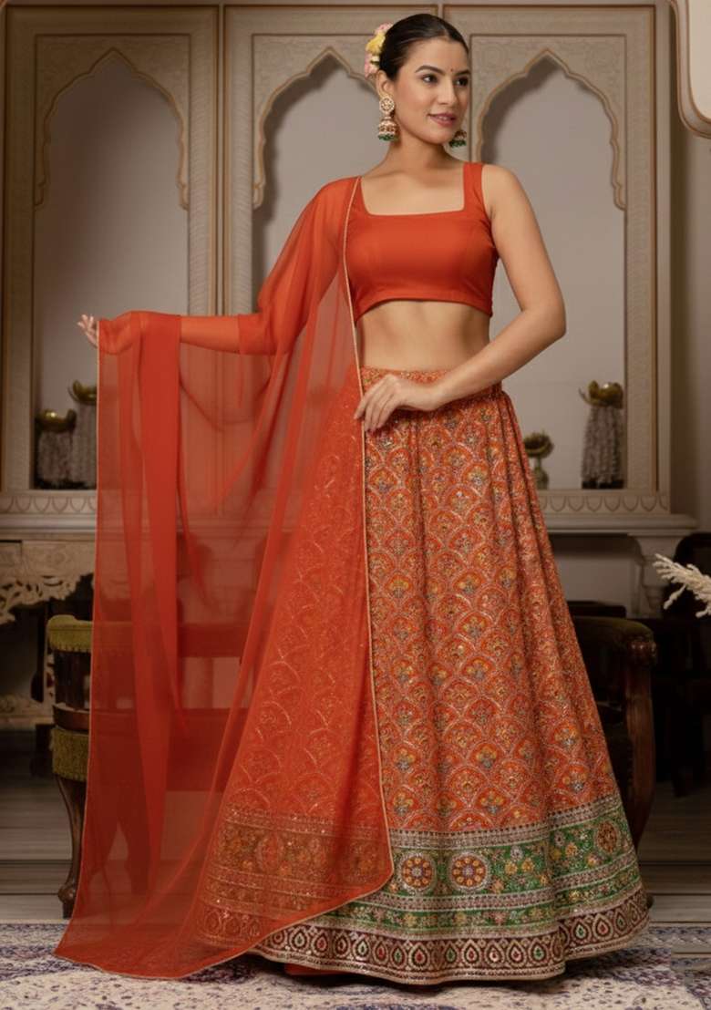 Rust Embroidered Crepe Lehenga Set - Indya