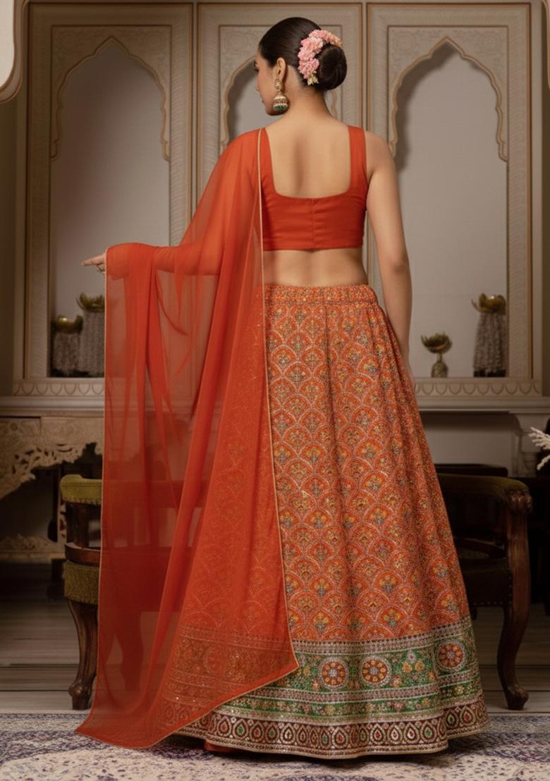 Rust Embroidered Crepe Lehenga Set - Indya