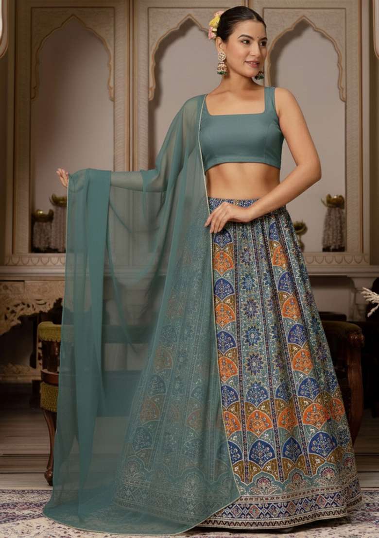 Deep Teal Green Embroidered Crepe Lehenga Set - Indya
