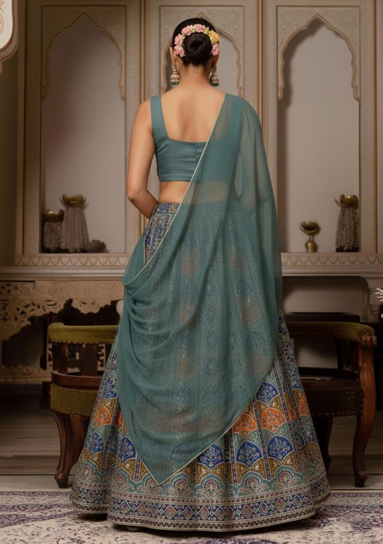 Deep Teal Green Embroidered Crepe Lehenga Set - Indya