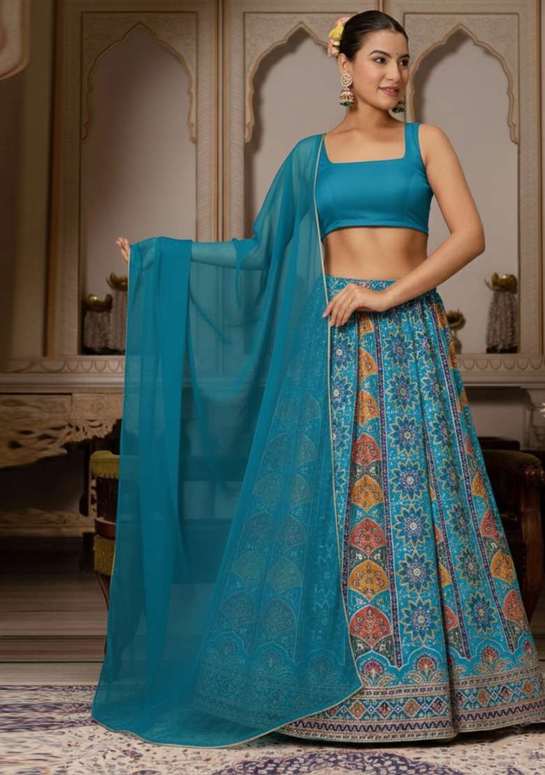 Teal Green Embroidered Crepe Lehenga Set - Indya