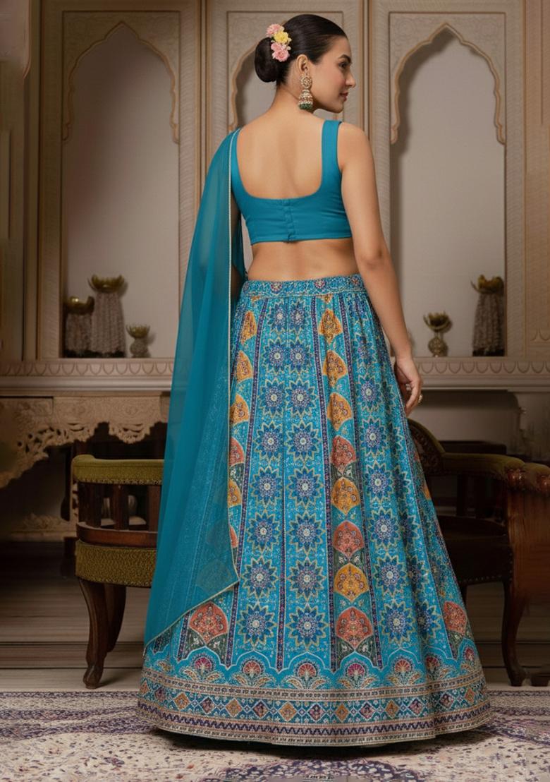 Teal Green Embroidered Crepe Lehenga Set - Indya
