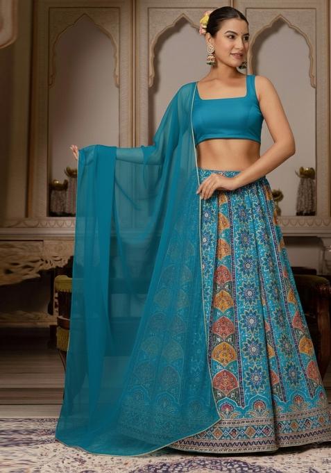 Teal Green Embroidered Crepe Lehenga Set