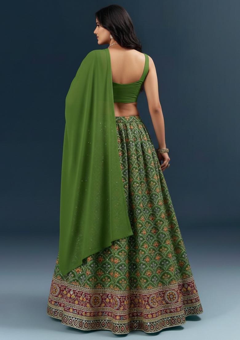 Leaf Green Embroidered Crepe Lehenga Set - Indya