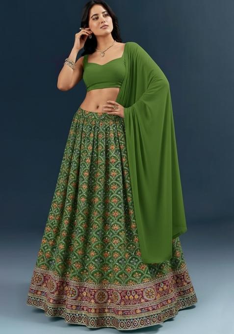 Leaf Green Embroidered Crepe Lehenga Set