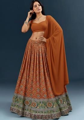 Rust Embroidered Crepe Lehenga Set