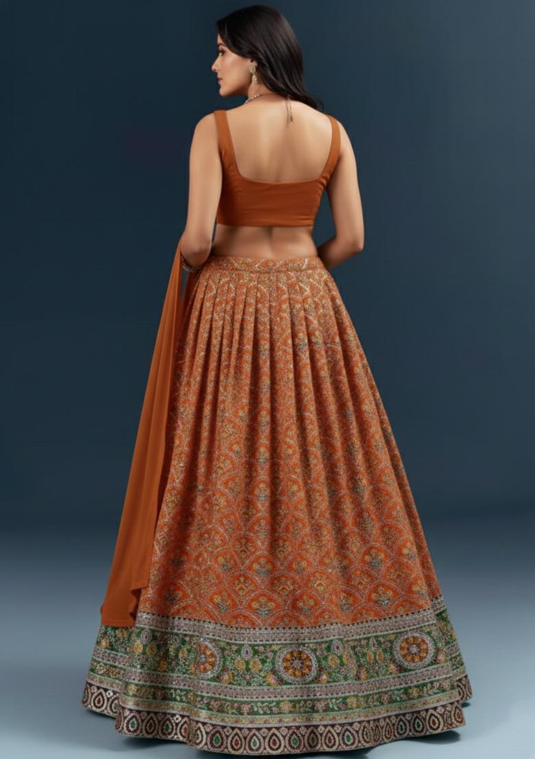Rust Embroidered Crepe Lehenga Set - Indya