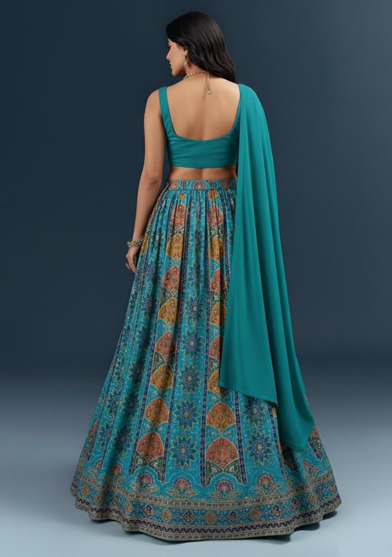 Teal Green Embroidered Crepe Lehenga Set - Indya