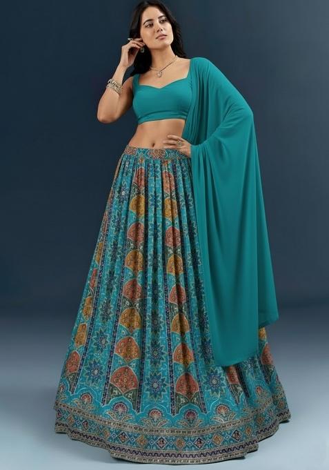 Teal Green Embroidered Crepe Lehenga Set