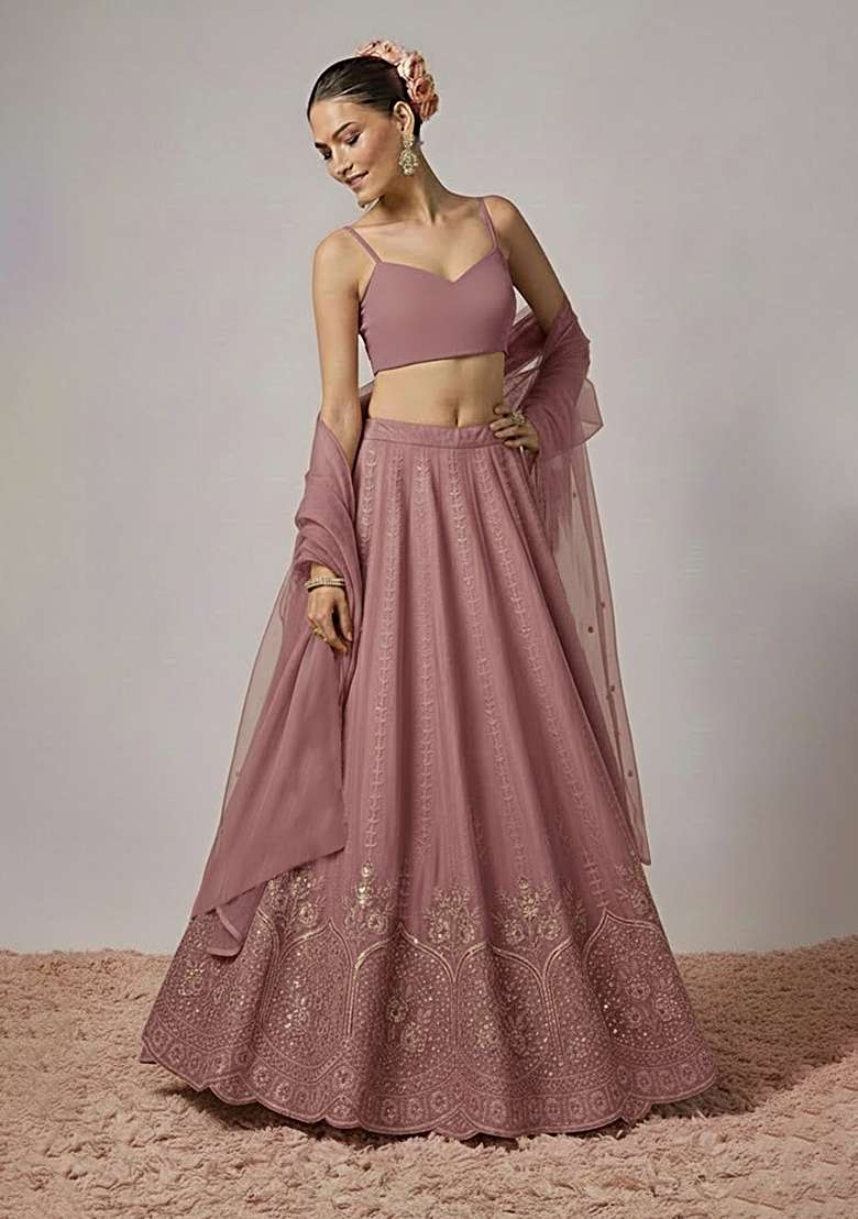 Mauve Embroidered Crepe Lehenga Set - Indya