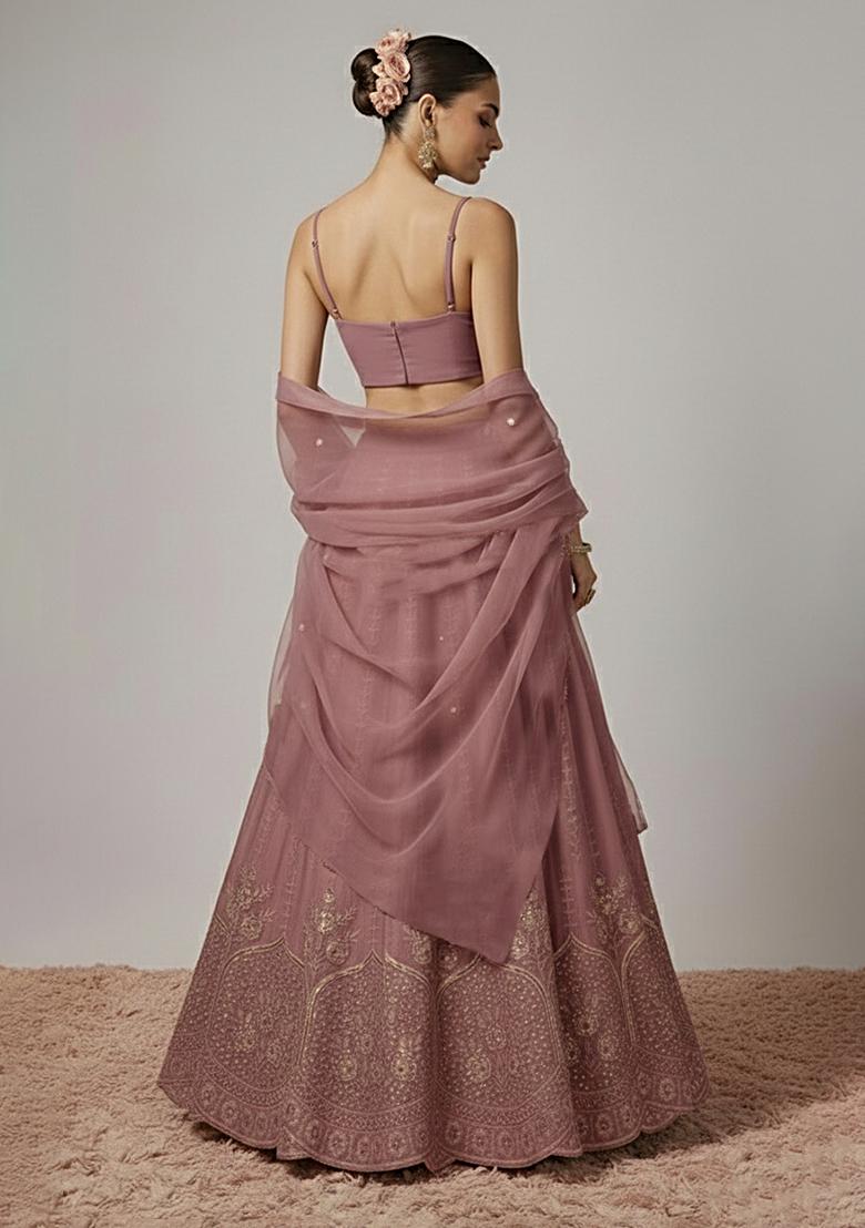 Mauve Embroidered Crepe Lehenga Set - Indya