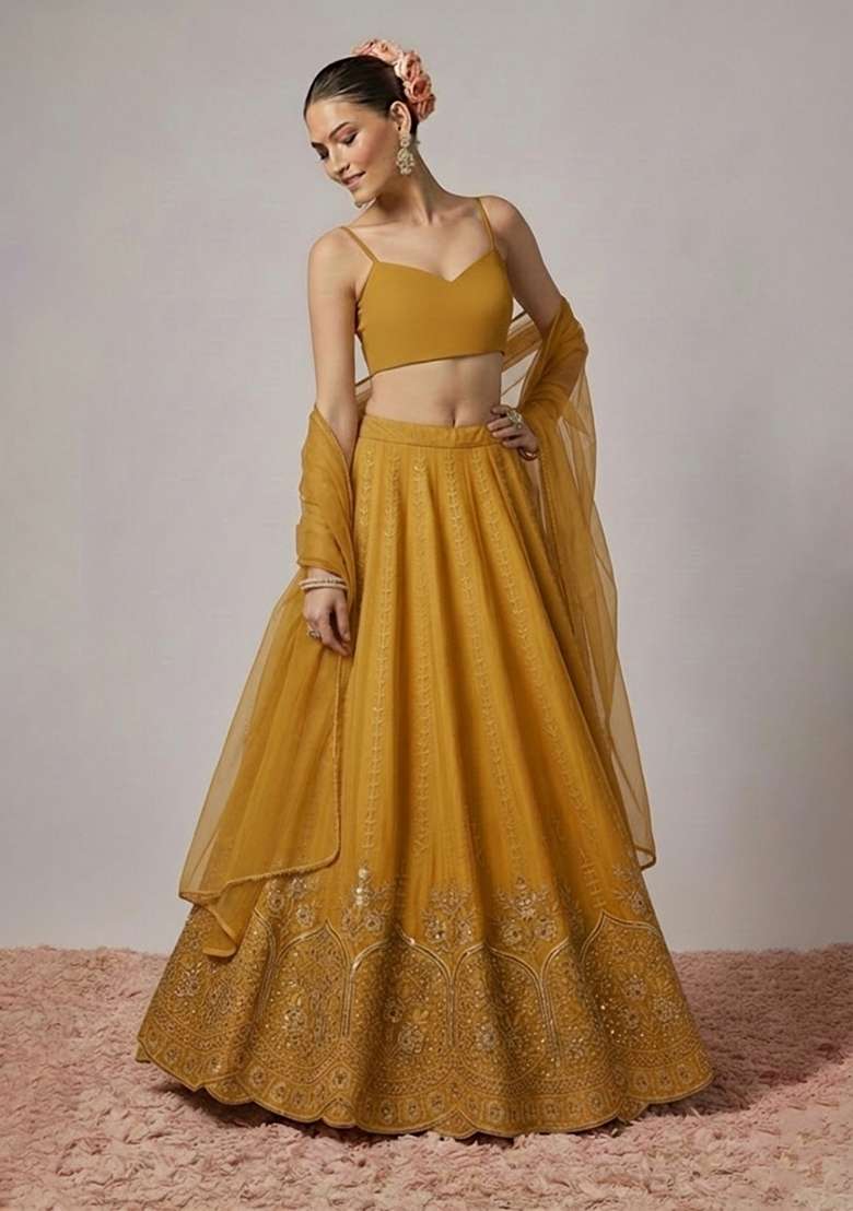 Mustard Embroidered Crepe Lehenga Set - Indya