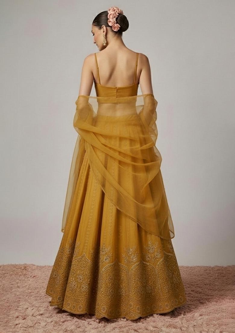 Mustard Embroidered Crepe Lehenga Set - Indya