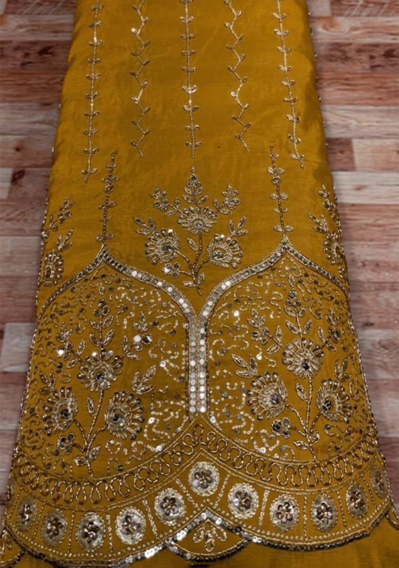 Mustard Embroidered Crepe Lehenga Set - Indya