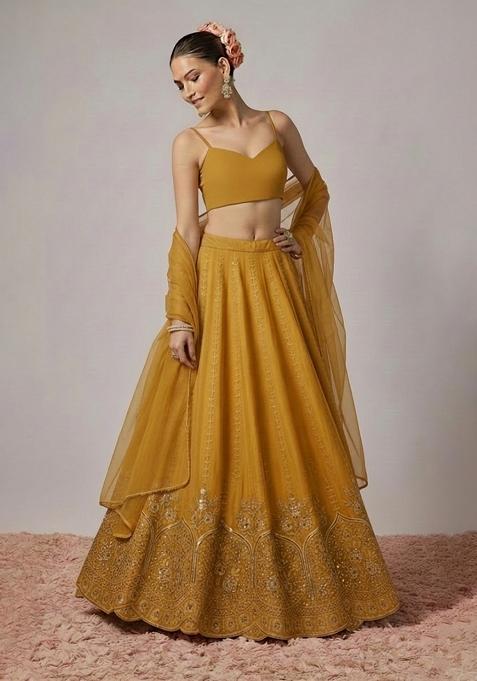 Mustard Embroidered Crepe Lehenga Set