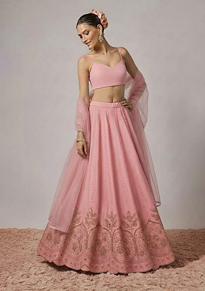 Blush Pink Embroidered Crepe Lehenga Set - Indya
