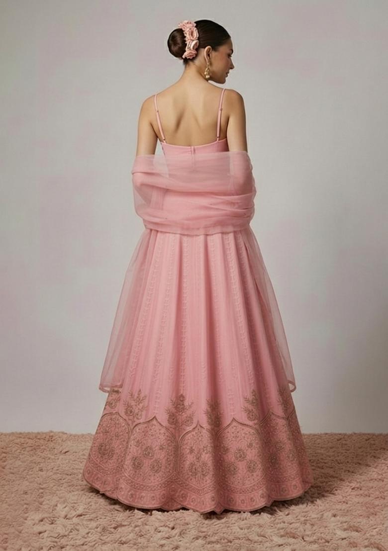 Blush Pink Embroidered Crepe Lehenga Set - Indya