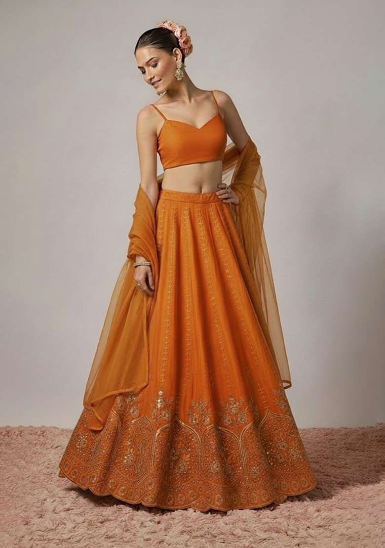 Orange Embroidered Crepe Lehenga Set - Indya