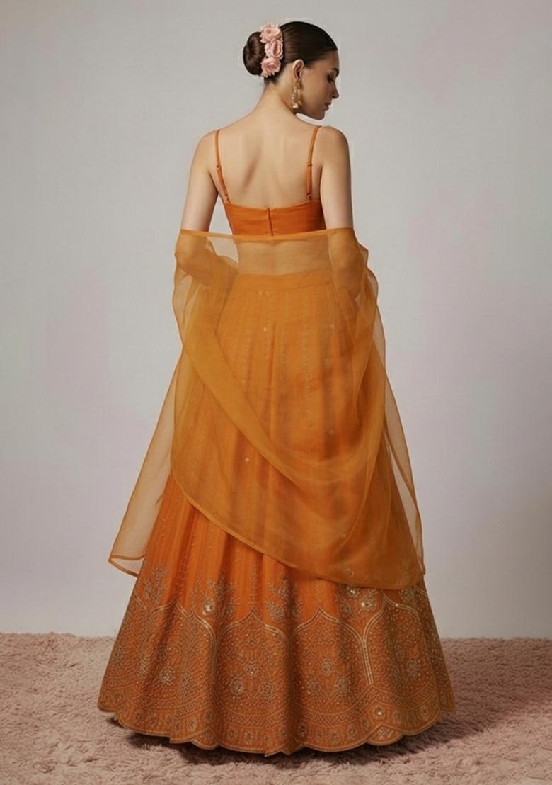Orange Embroidered Crepe Lehenga Set - Indya