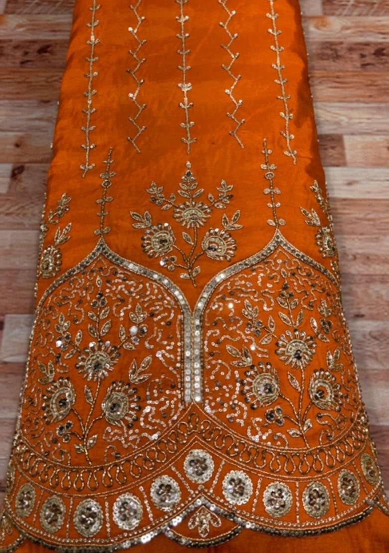 Orange Embroidered Crepe Lehenga Set - Indya