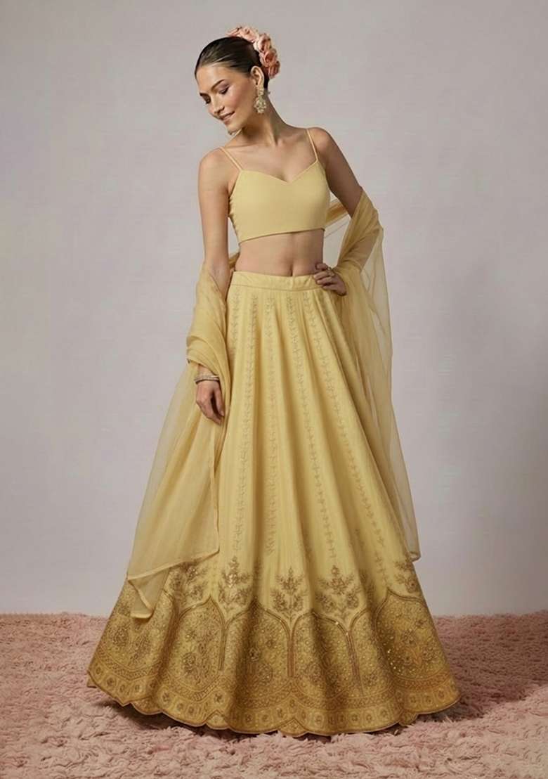 Yellow Embroidered Crepe Lehenga Set - Indya