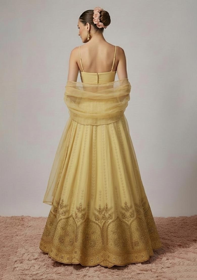 Yellow Embroidered Crepe Lehenga Set - Indya