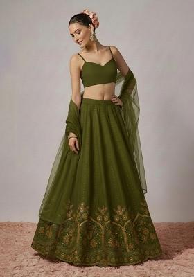 Olive Green Embroidered Crepe Lehenga Set