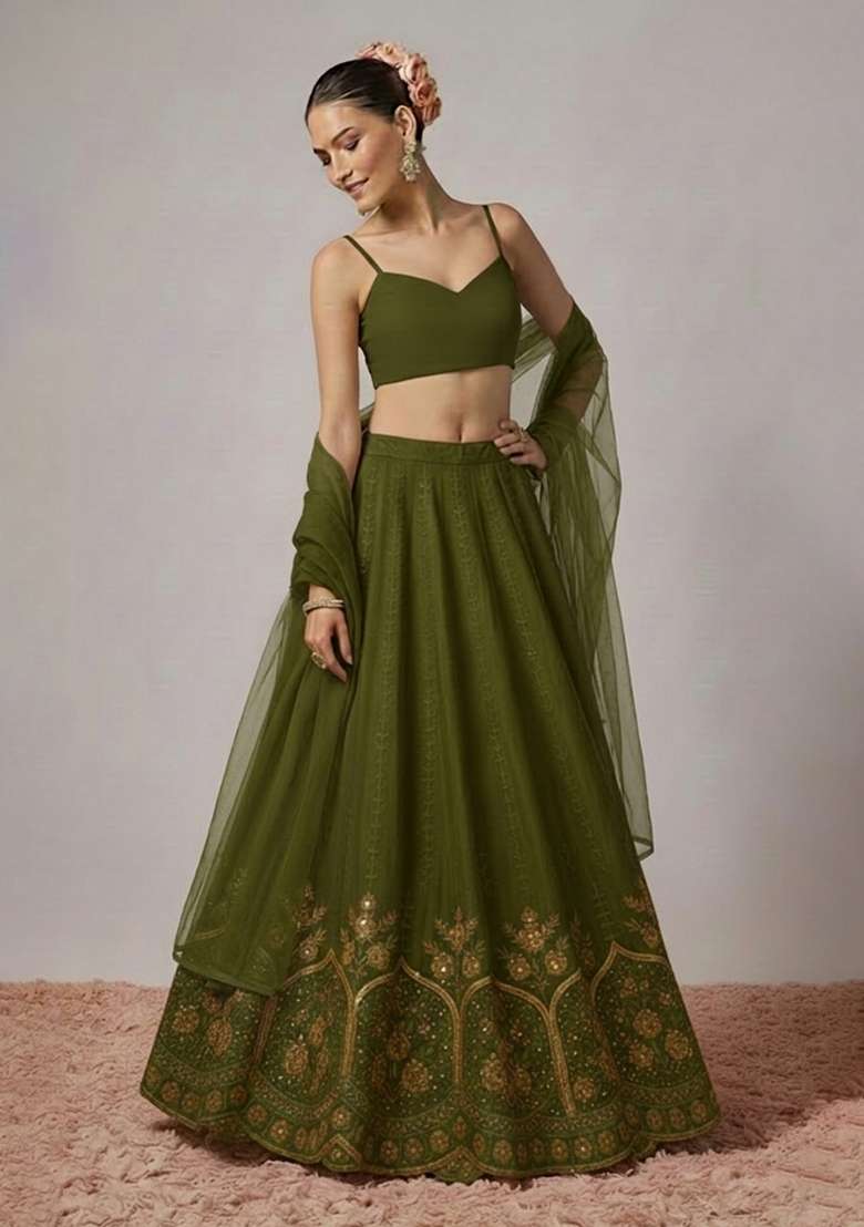 Olive Green Embroidered Crepe Lehenga Set - Indya