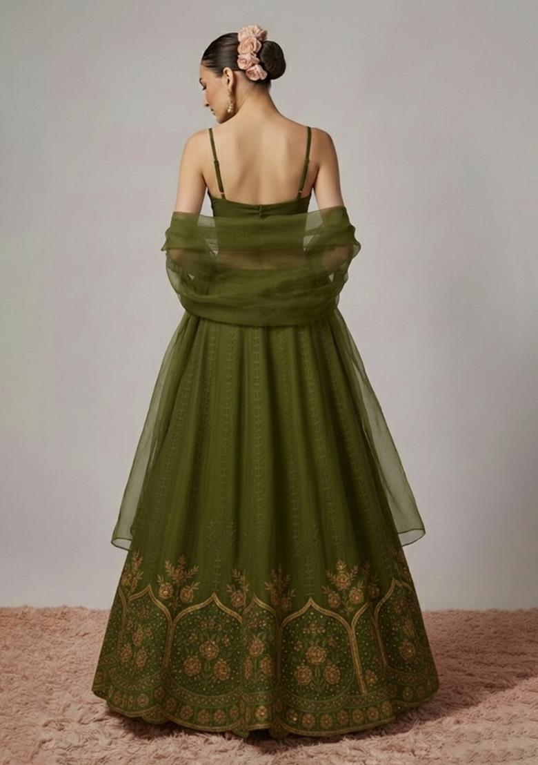Olive Green Embroidered Crepe Lehenga Set - Indya