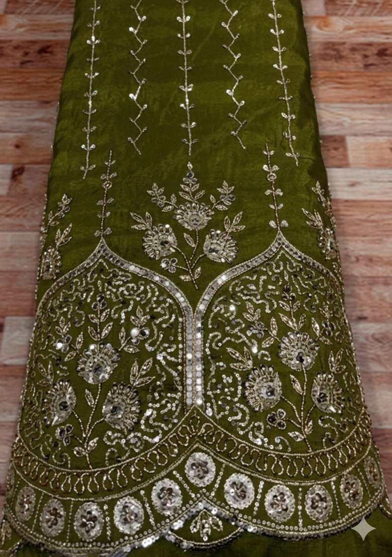 Olive Green Embroidered Crepe Lehenga Set - Indya