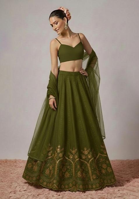 Olive Green Embroidered Crepe Lehenga Set