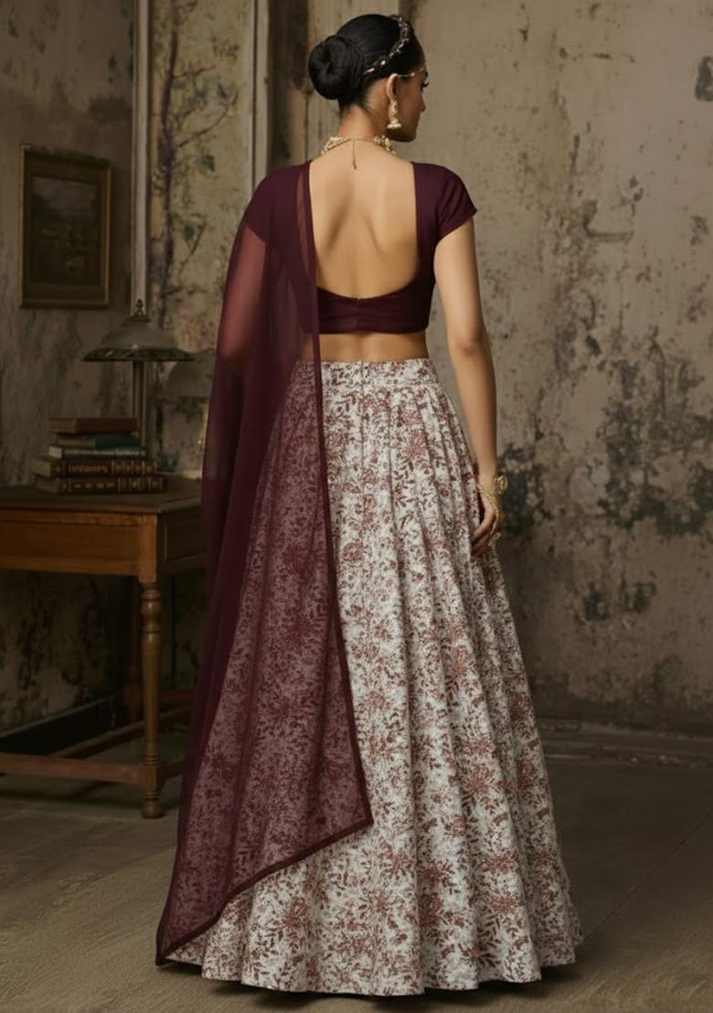 Deep Wine Embroidered Crepe Lehenga Set - Indya